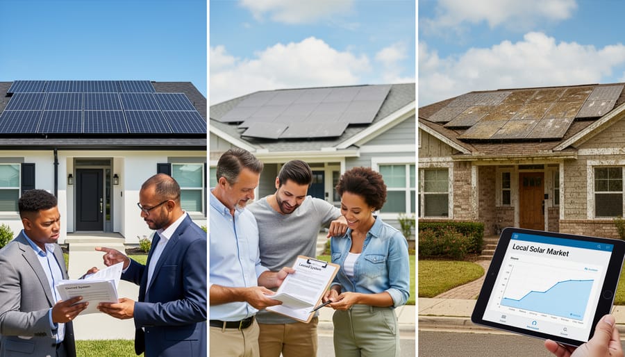 Real estate investor evaluating solar panel system on residential property