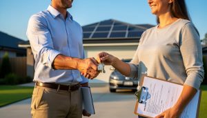 Cash buyer and homeowner shaking hands with house keys in the foreground, rooftop solar panels visible on a suburban home at golden hour, parked car and clipboard blurred in the background.