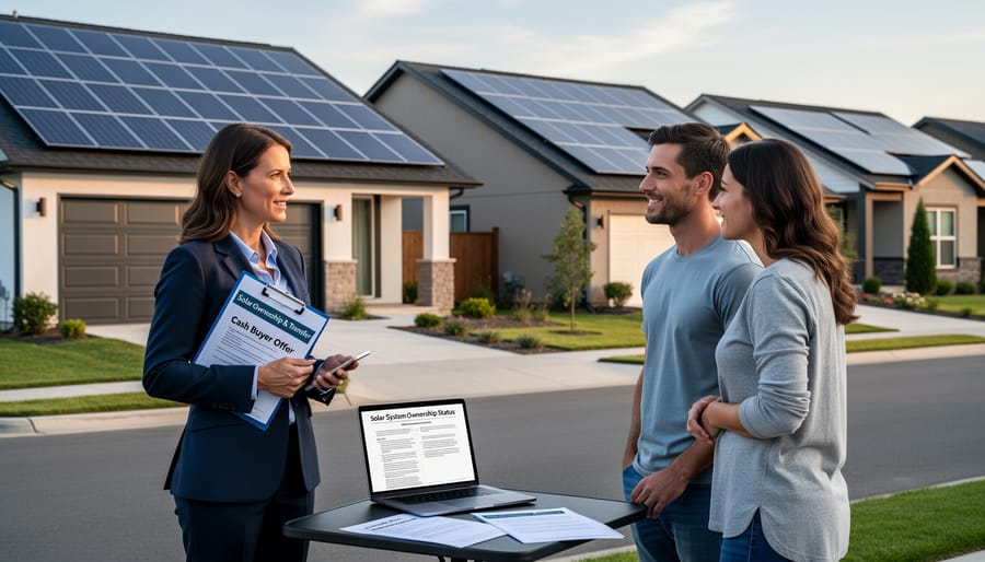Suburban house with rooftop solar panels and sold sign in front yard